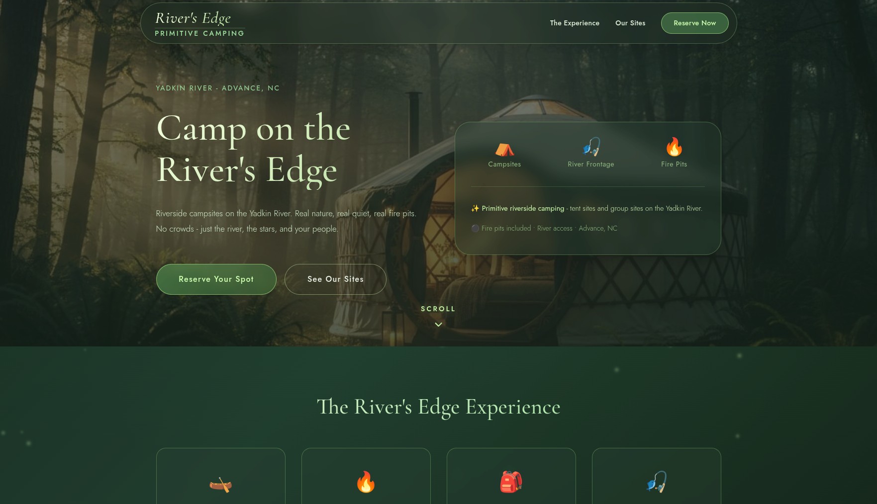 Yadkin Camp website full preview showing primitive camping near the Yadkin River in Advance, NC